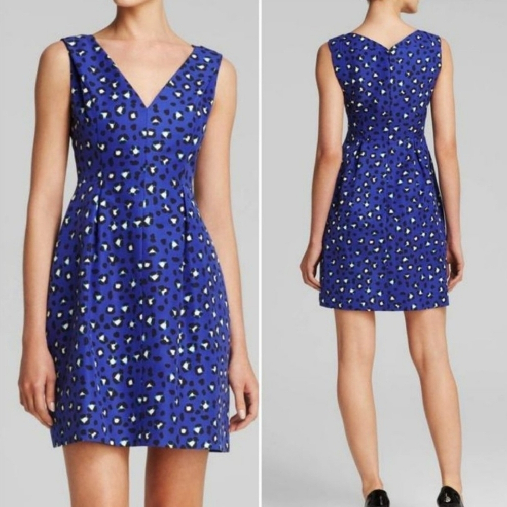 Kate Spade Dawson Cyber Cheetah Dress Blue V-Neck Fit & Flare Pockets Size 4